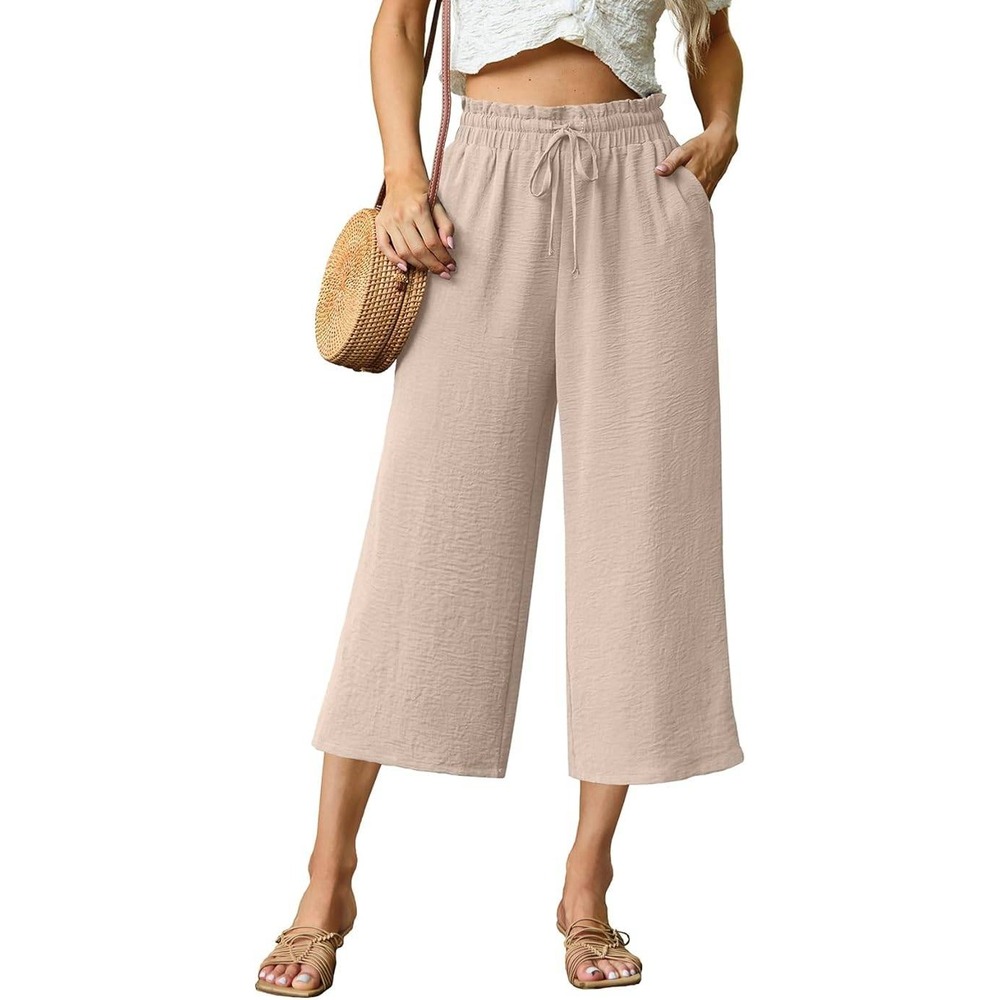Freeoak Wide Leg Culotte Pants Women Beige Paperbag Waist Drawstring Textured M